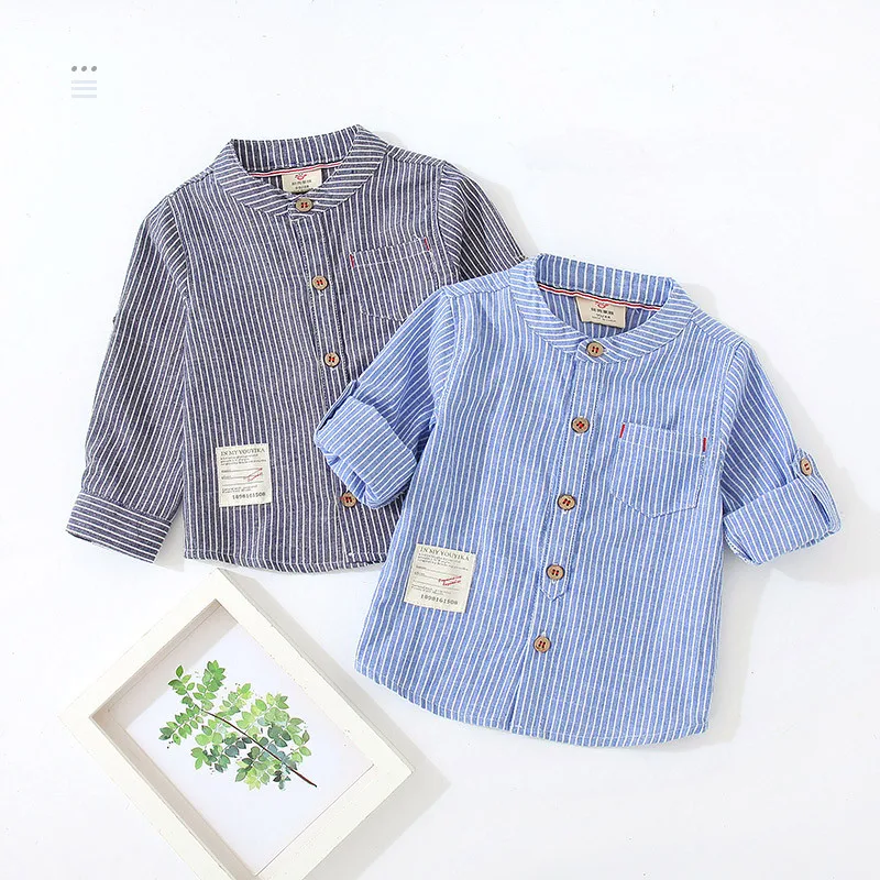 Spring Autumn 2 3 4 6 8 10 Years New Design MANDARIN COLLAR Long Sleeve Pocket Classic Striped Shirts For Kids Baby Boys