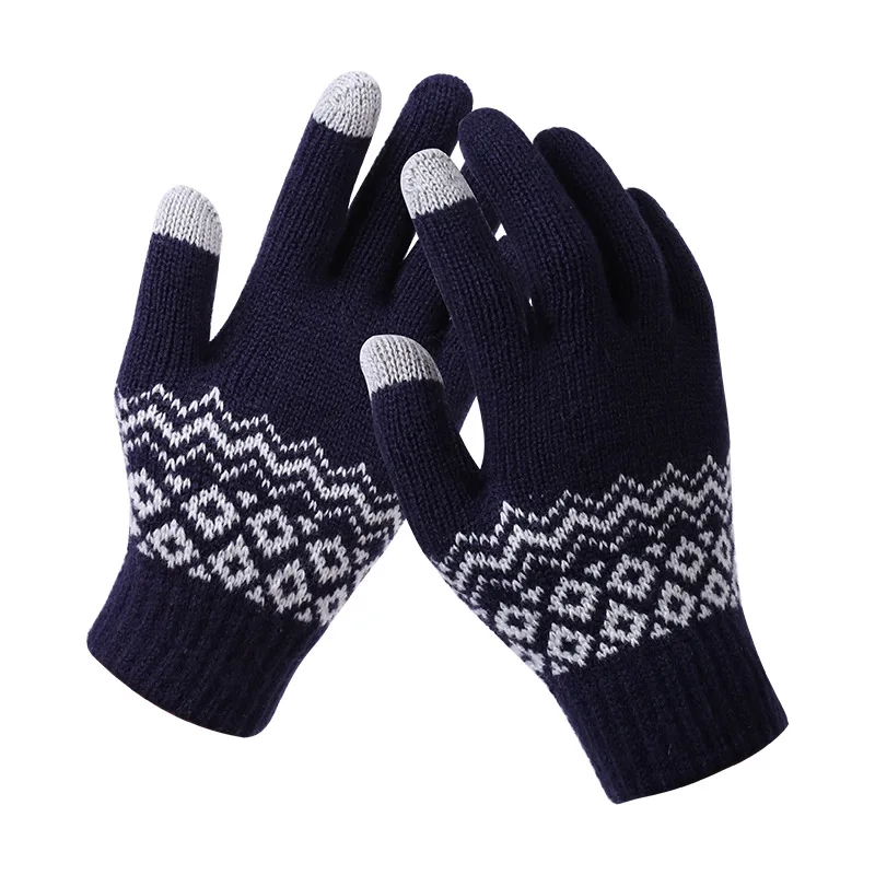 MINHIN Зимние перчатки для сенсорного экрана для женщин и мужчин, теплые вязаные варежки из синтетической шерсти на весь палец, одноцветные перчатки - Цвет: 7287 style 2 blue