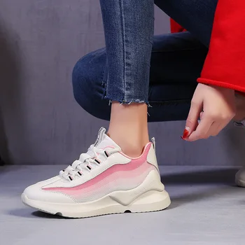 

Women's Running Shoes Vulcanized Fashion Mesh Breathable Sneaker 6 cm High Portable Flat Shoes Round Head Casual Shoe Female