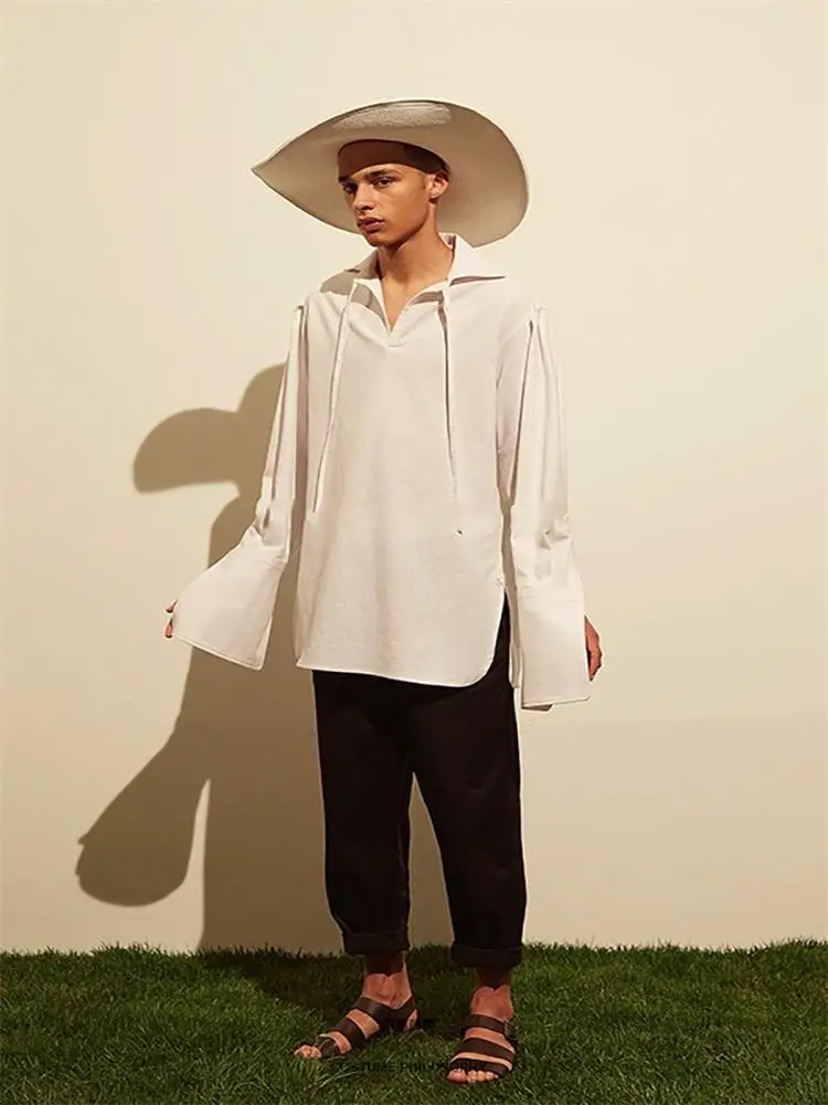 

Men's new lacing personality simple men's fashion singer hair stylist stage style runway style loose casual large size shirt