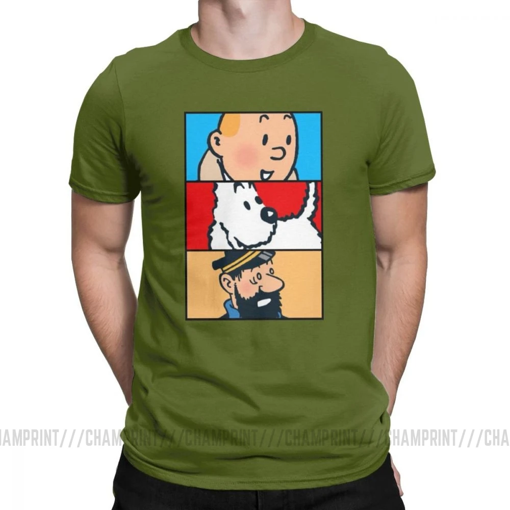 Футболка Tintin Milou Haddock The adventures Of Tintin для мужчин, хлопковая футболка с короткими рукавами, одежда 4XL 5XL 6XL - Цвет: Армейский зеленый