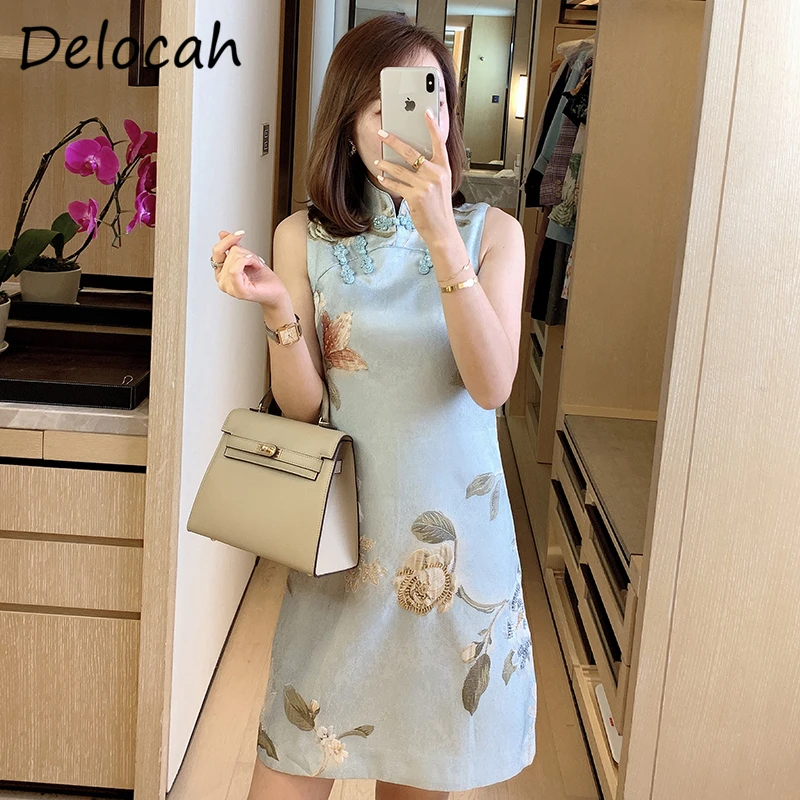 

Delocah Women Autumn Fashion RunwayÂ Midi Dress Sleeveless Embroidery Crystal Beading Printed Ladies Party ALine Dresses vestidos