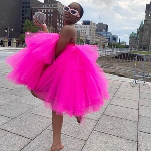 Chic Fuchsia Ruffles Short Tulle Dresses Women 2020 Puffy A-line Mini Tutu Dress Summer Off The Shoulder Robe Vestidos