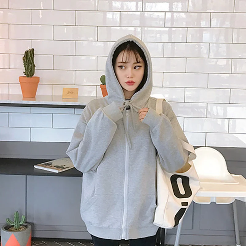 

2019 New Solid Color Hooded Casual Wild Autumn Women Sweatshirt Plus Velvet Warm Loose Women Tops