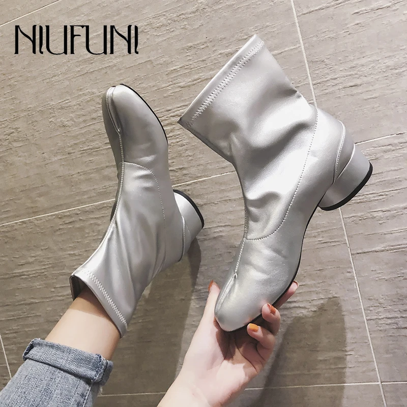 

Solid Stretch Fabric Socks Women's Ankle Chelsea Boots Round Toe Sleeve Shallow Low Heel Martin Boots Women's Shoes Botas Mujer