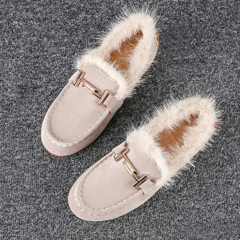 

Ladies Warm Short Plush Shoes Women Loafers Non Slip Shallow Square and Round Button Sewing Shoes Slip On Comfortable Footwear