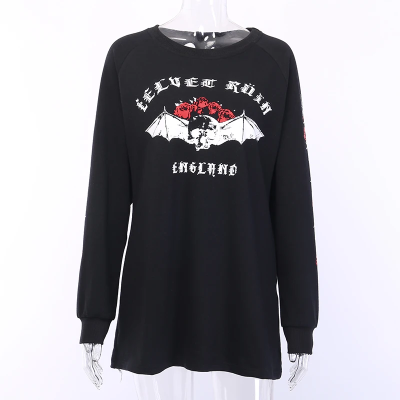 InstaHot Black Rose Letter Printed Oversize Sweatshirts Loose Women Round Neck Autumn Spring Gothic Punk Streetwear Pullovers