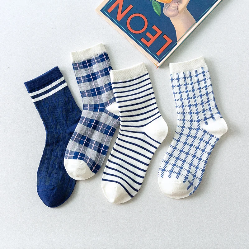 

1pair Japanese geometric lattice stripes Harajuku cute casual women cotton socks autumn winter fashion women/men blue socks