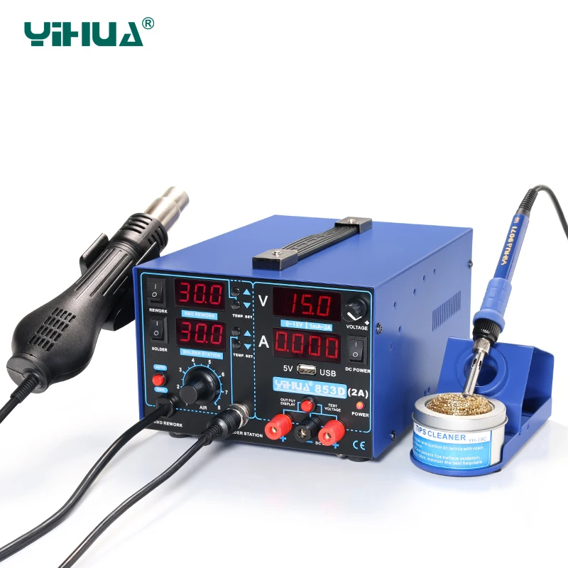 

YIHUA 853D 2A with USB Rework Station Welding Hot Air Rework Station 3 in 1 220V/110V Free Shipping 33*27*21CM
