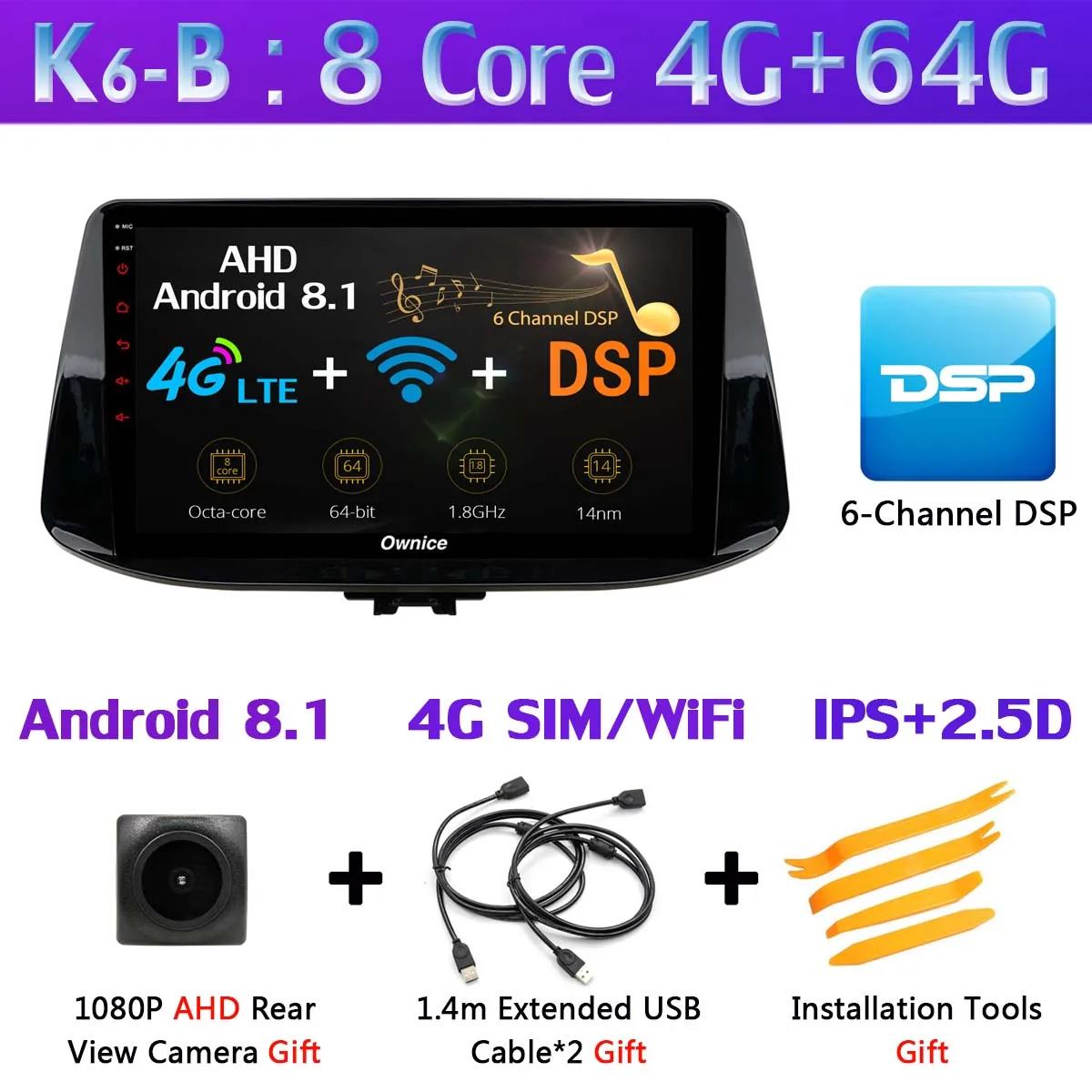 K6-B 360 ° камера 1Din Android 9,0 8 ядерный 4 гб озу+ 64 гб пзу gps радио CarPlay SPDIF DSP автомобильный плеер для hyundai i30 стерео - Цвет: K6-B