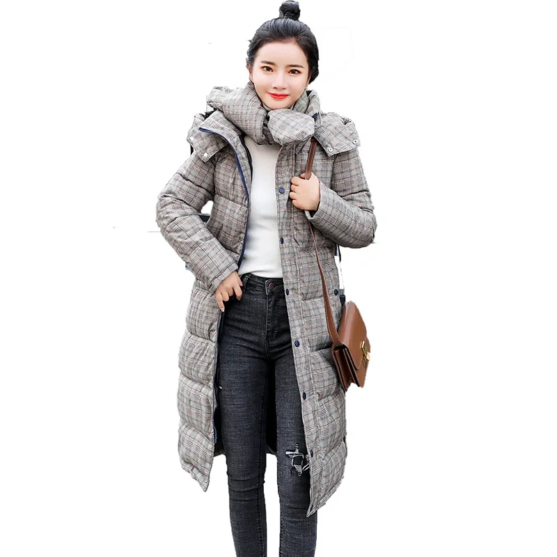 Зимняя женская куртка, клетчатая, с капюшоном, с хлопковой подкладкой, женское длинное пальто, высокое качество, теплая верхняя одежда, Женская парка, Manteau Femme Hiver
