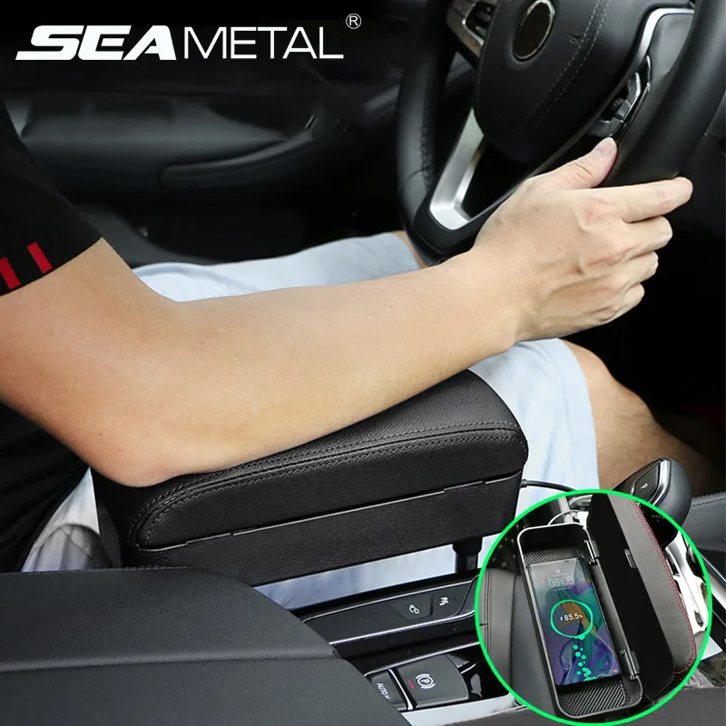 contenedor universal de reposabrazos de consola central de coche ajustable con interfaz USB Organizador interior de coche de reposabrazos central