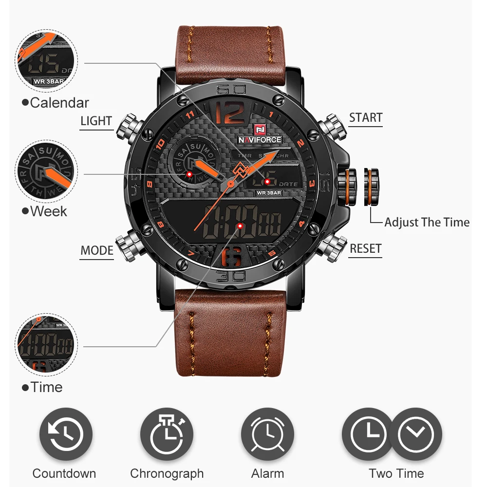 Mens Watches Luxury Brand Men Leather Sports Watches NAVIFORCE 9134 Men's Quartz LED Digital Waterp