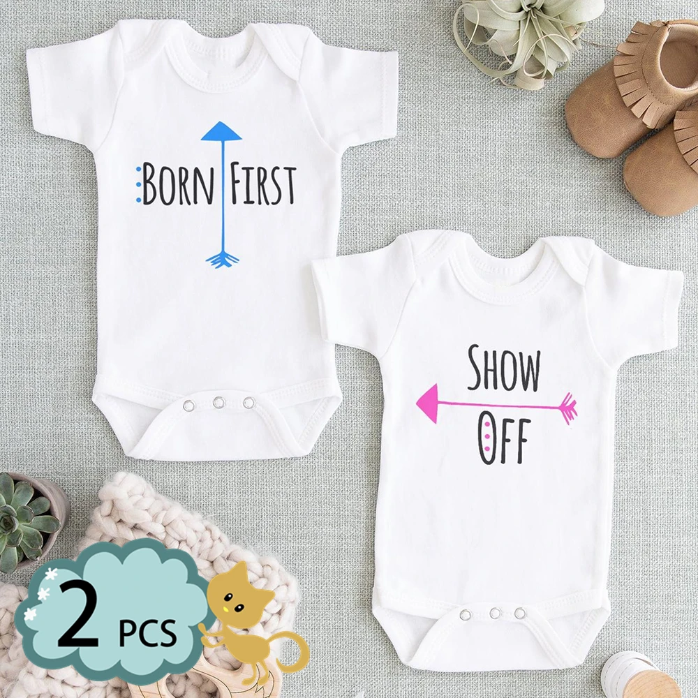 

BORN FIRST SHOW OFF Brothers Sisters Twin Newborn Bodysuit Clothing Baby Romper Funny Infants Toddler Jumpsuit