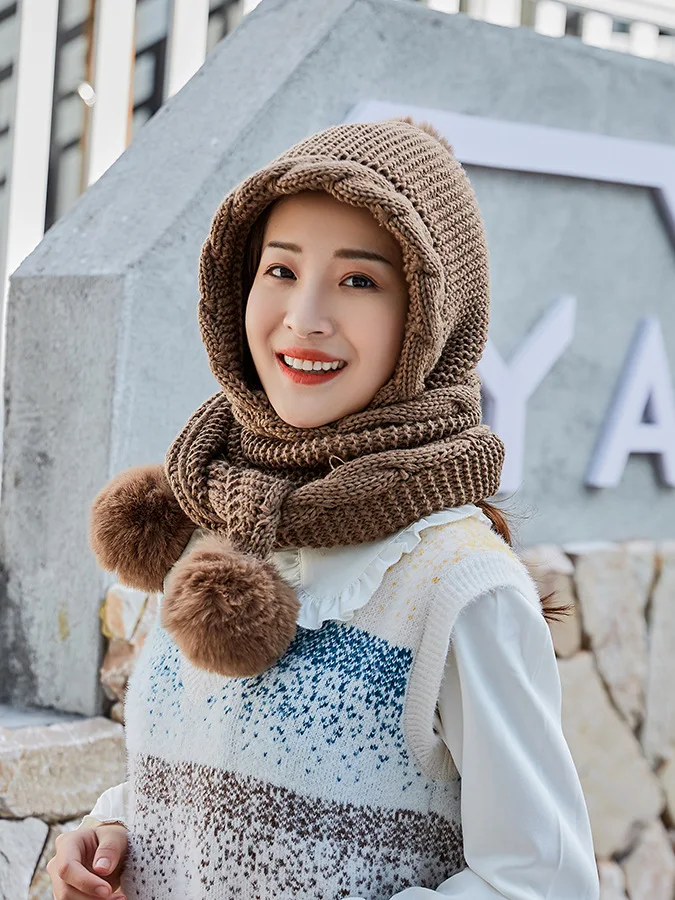 winter New pattern Connected Neck Furry Warm Cap Korean Edition fashion Wild Joker Facial protection knitted hat for women