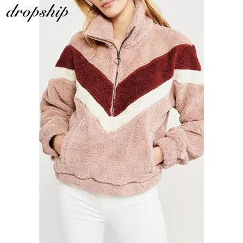 

Dropship Fleece Hoodies Women 2019 Patchwork Striped Zip Large Size Casual Faux Fur Winter Sweatshirt Female Pullovers Top Pink