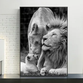 Lion Family Black and White Picture Printed on Canvas 1
