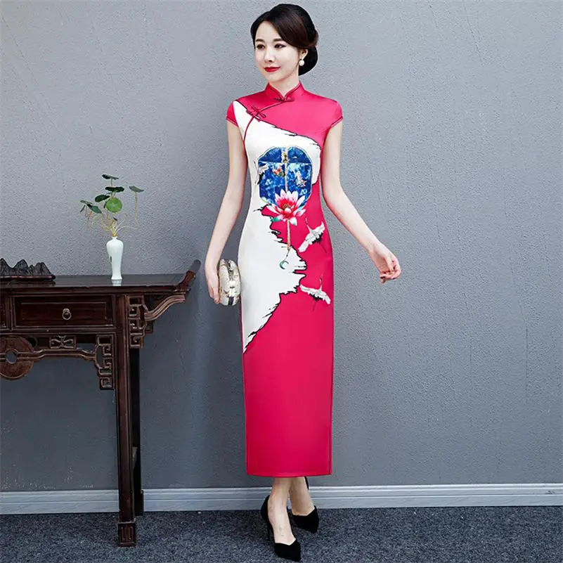 Элегантные атласные женские вечерние Qipao Цветочные Длинные китайские традиционные платья Восточный тонкий Cheongsam Vestidos плюс Размер M-5XL