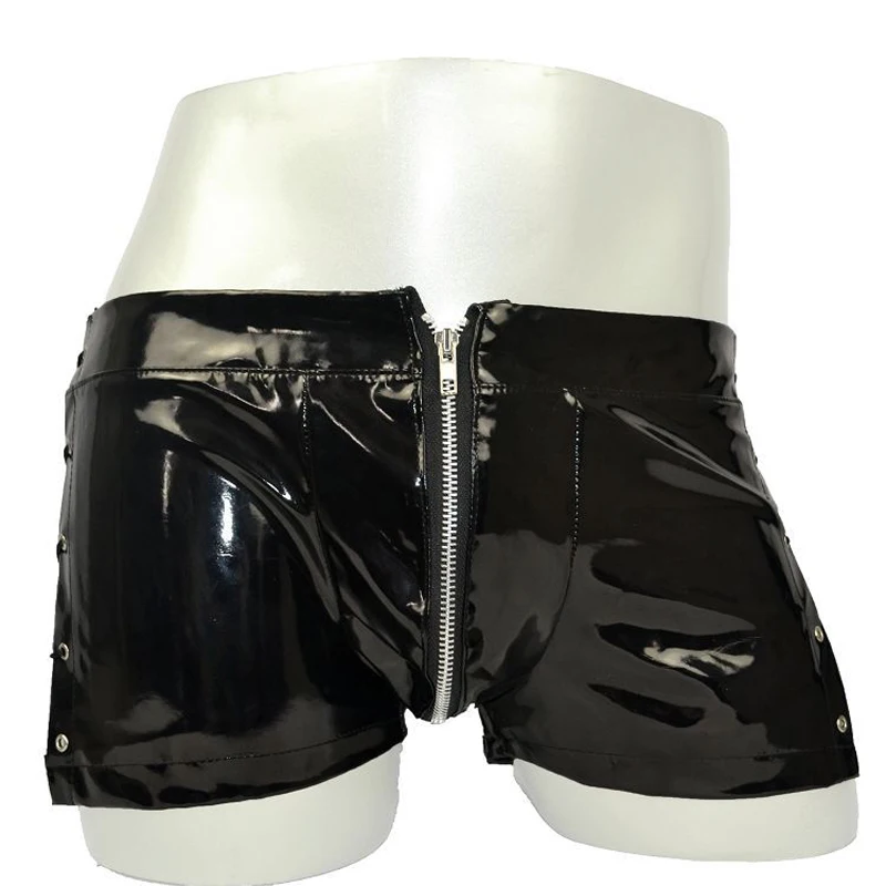 Men's Sexy Underpants PU Boxers Faux Leather Sexy Safety Zipper Patent Leather Men's Boxer Shorts Performance Pants mens string bikini underwear