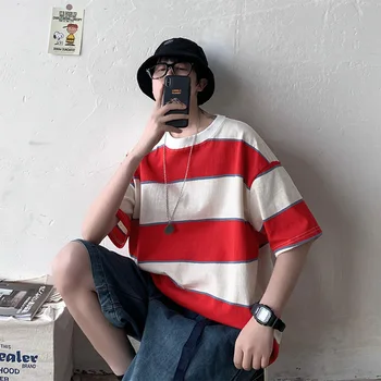 

Summer T Shirt Men's Fashion Hit Color Casual Cotton Short-sleeved T-shirt Men Streetwear Hip Hop Loose Striped Tshirt Mens