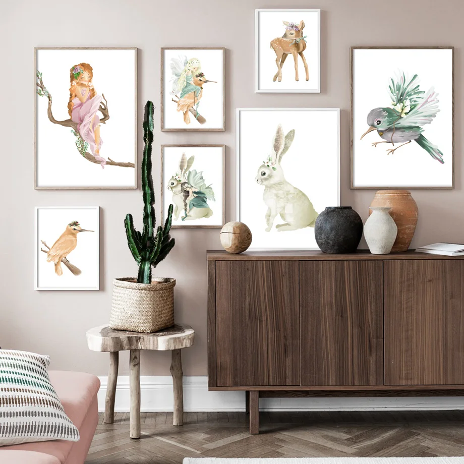 

Little Fairy Elf Hummingbird Rabbit Wall Art Print Canvas Painting Nordic Canvas Posters And Prints Wall Pictures Kids Room