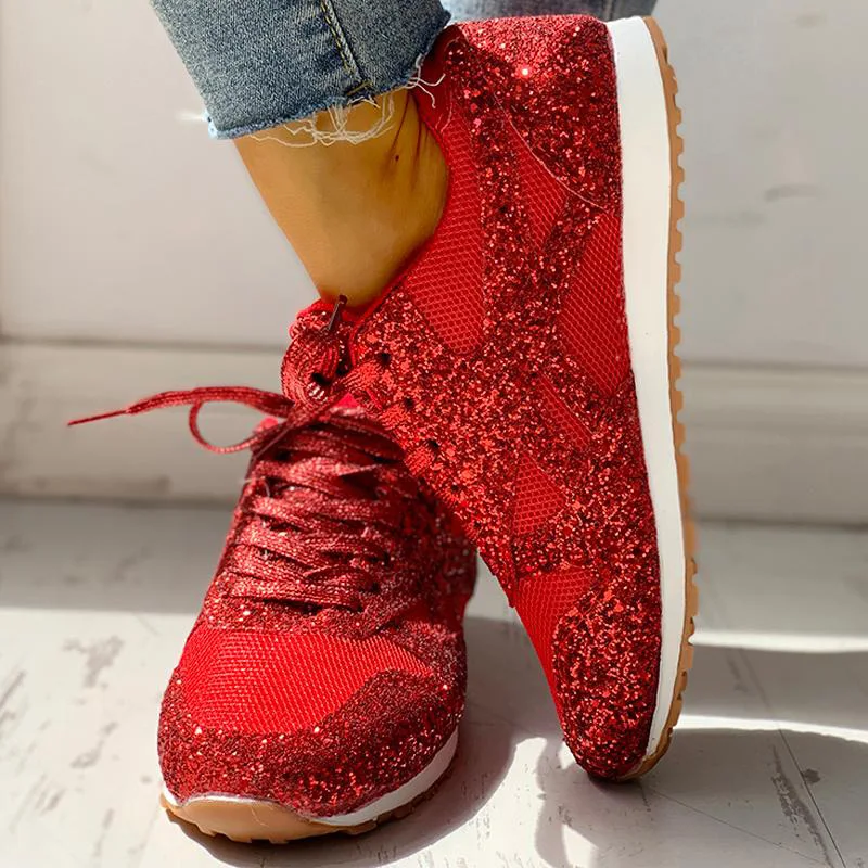Красный Casual Sneakers Women Flat Glitter Bling Vulcanized Shoes Female Mesh Lace Up Platform Comfort Plus Size Fashion Ladies Spring - Цвет: Красный