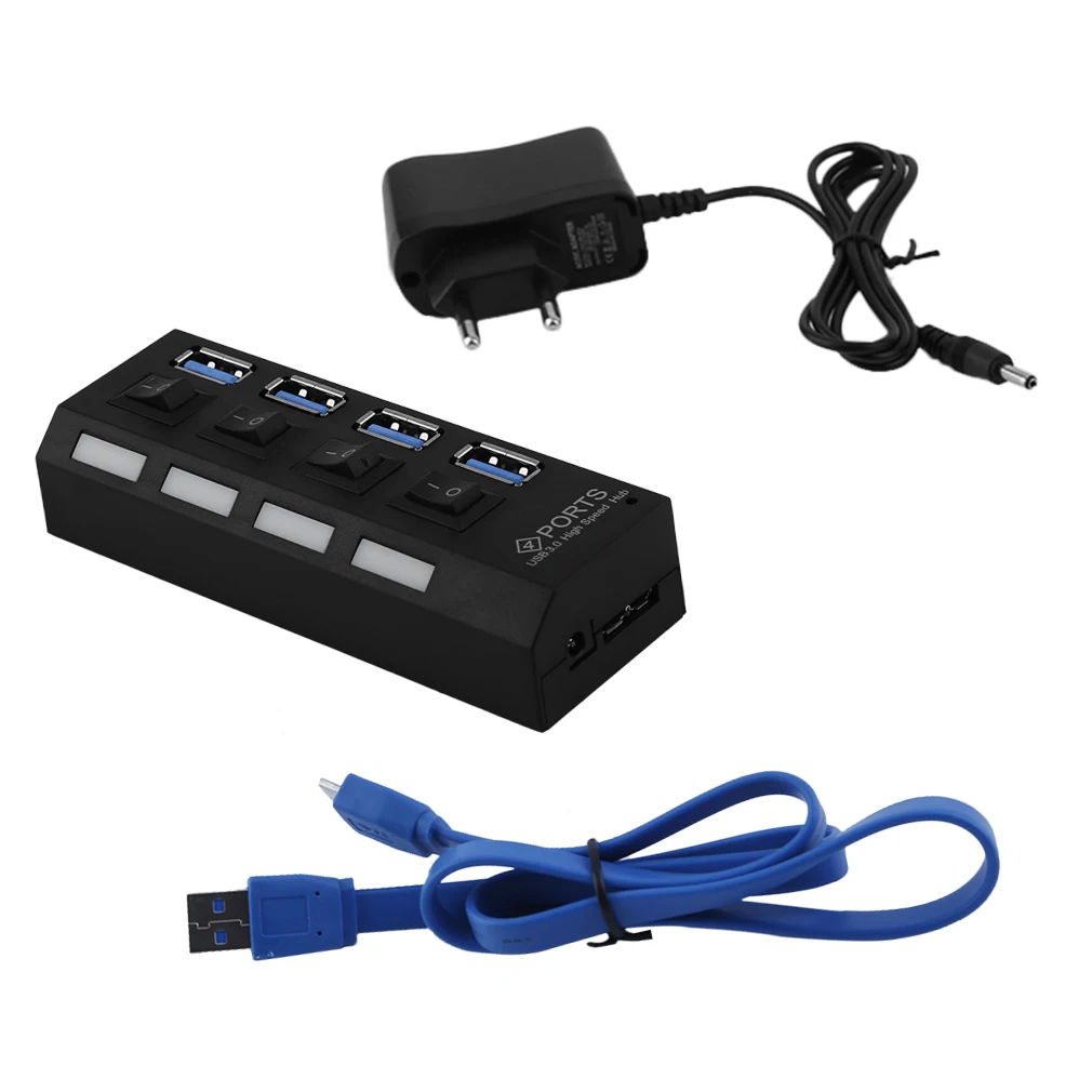 Professional Plug and Play 4 Port USB 3.0 Hub On/Off Switches& AC Power Adapter Cable for PC Laptop EU/US Plug