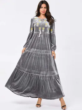 

Fashion Plus Size Women Long Dress Layered Pleated Botanical Embroidery Bow Drawstring Muslim Swing Velvet Lady Maxi Dress Green