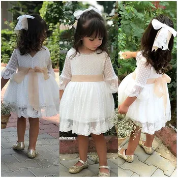 

Spring Fall Girls Bridesmaid White Dress Baby Toddler Kids Babies Knee-Length Fashion Party Lace Bow Wedding Princess Dresses