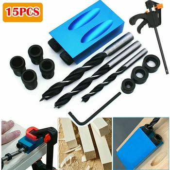 

15Pcs 15° Pocket Hole Jig Kit Screw Dowel Wood Drill Bit Adapter Wrench Set Locator Joint Hole Woodworking F Clip Ring Tool Set