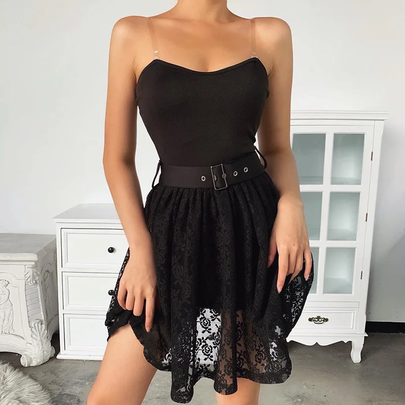 

2020 Summer Women Vintage Spaghetti Strap Black Lace Tube Top Mini Dresses FYFLY167