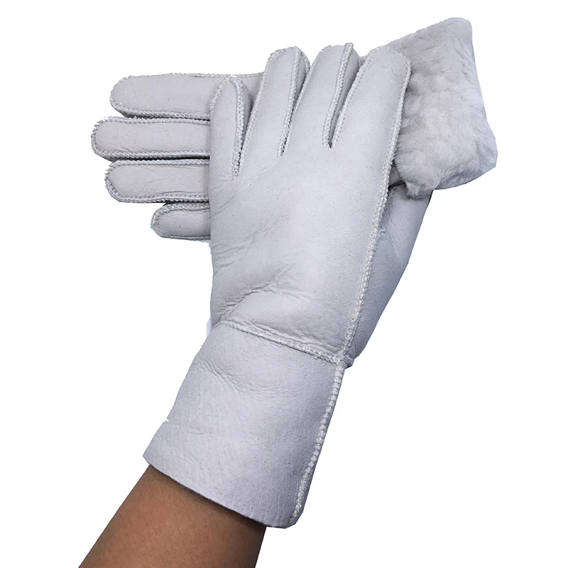 White Leather Женские перчатки, новинка, натуральная кожа, перчатки для родителей, зимние шерстяные меховые перчатки, варежки из натуральной овчины, перчатки для девочек, подарок на день рождения - Цвет: White Leather