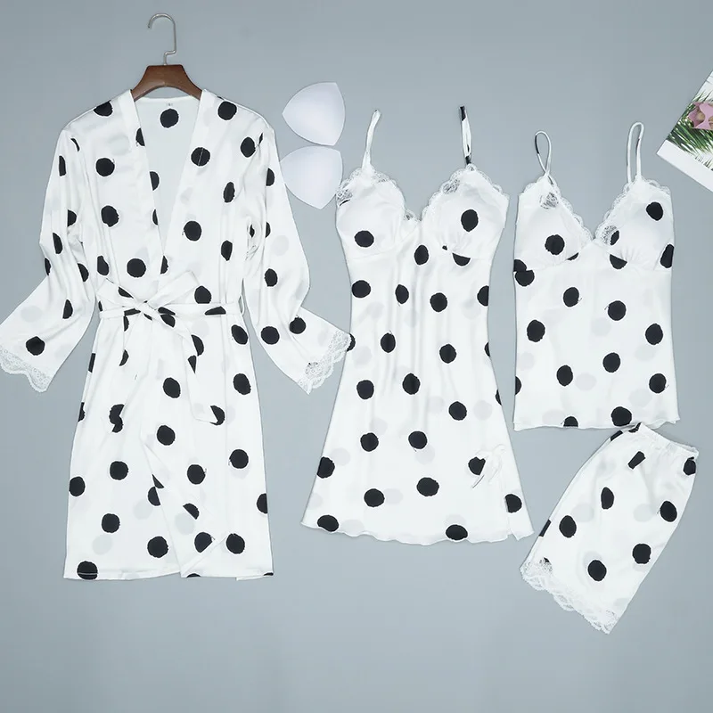 Белые женские пижамы из 4 предметов, топ на бретелях и штаны, комплект одежды для сна, Весенняя домашняя ночная рубашка соблазнительное кимоно Халат