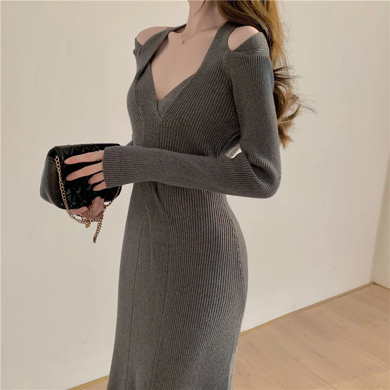 Autumn Winter Knitted Dress Female Party Night Off Shoulder V-neck Pullover Medium Long 2021 Trend Sheath Split Sexy Dresses 4