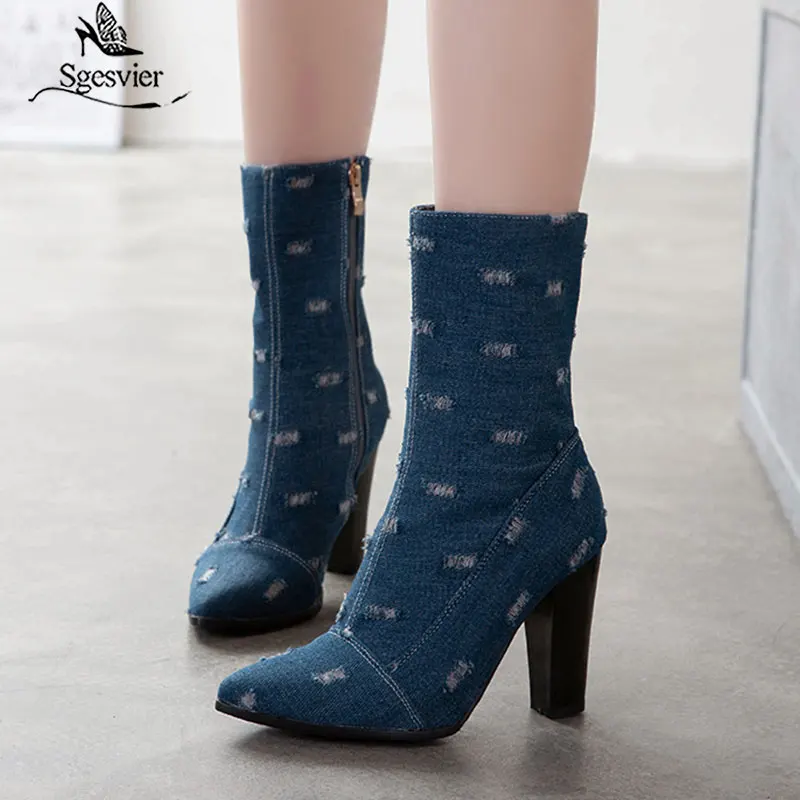Sgesvier Plus Size 33-50 Denim boots short Pointed Toe Women Autumn winter High Heels Zipper Ankle Boots Shoes Woman Lightblue | Обувь