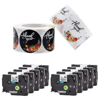 

2 roll "Thank You", 1 Inch Circle Floral Adhesive Stickers & 10 Pcs Compatible for Brother Printer Ribbon Black on White