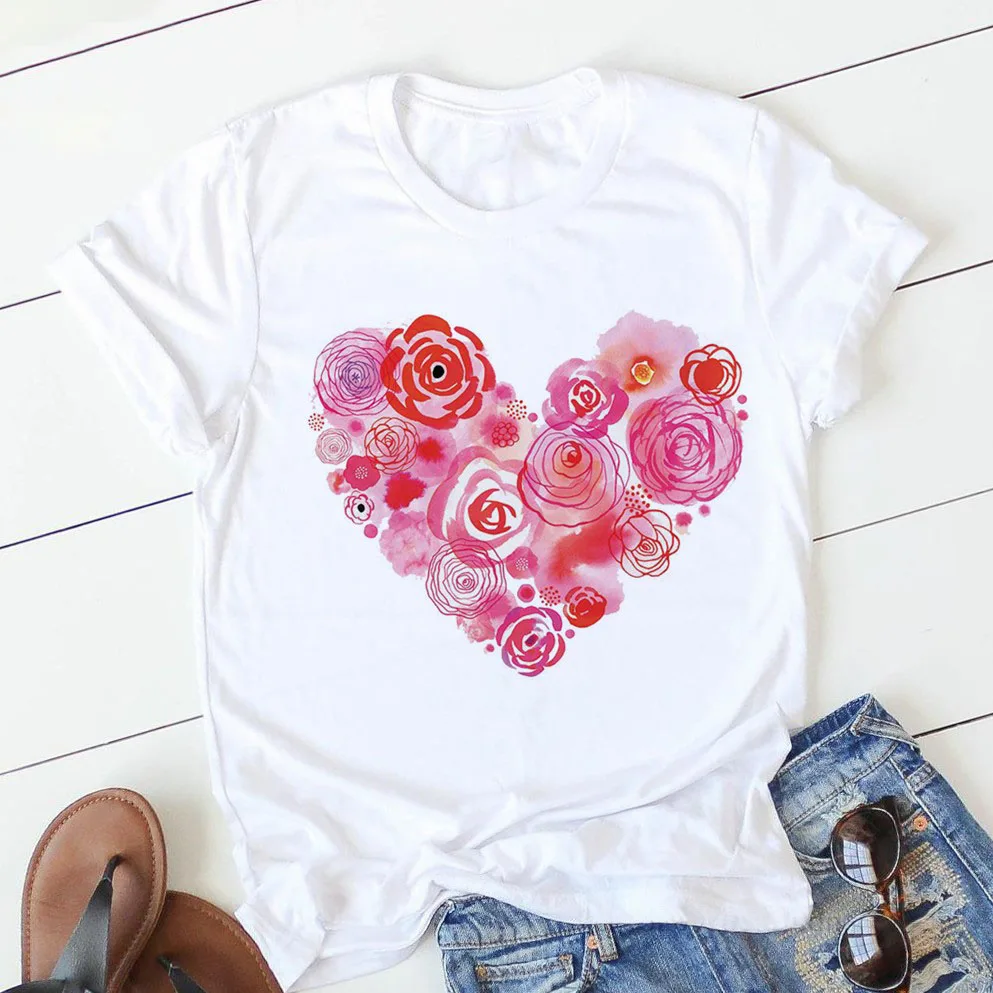 pink heart flower Print Women tshirt Short Sleeve Print Clothes Ladies Womens T-Shirt Graphic Tops Clothes Female T-shirts