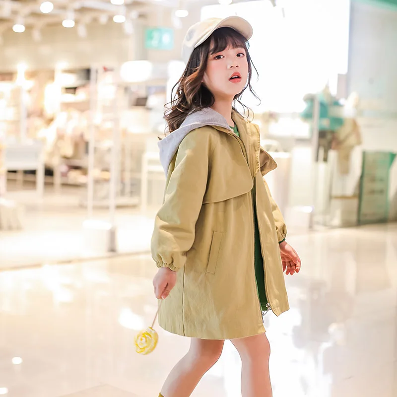 

Girls' Wind Coat Coat Mid-length 2020 New Style Children Spring And Autumn Tops Big Boy Spring Khaki Overcoat