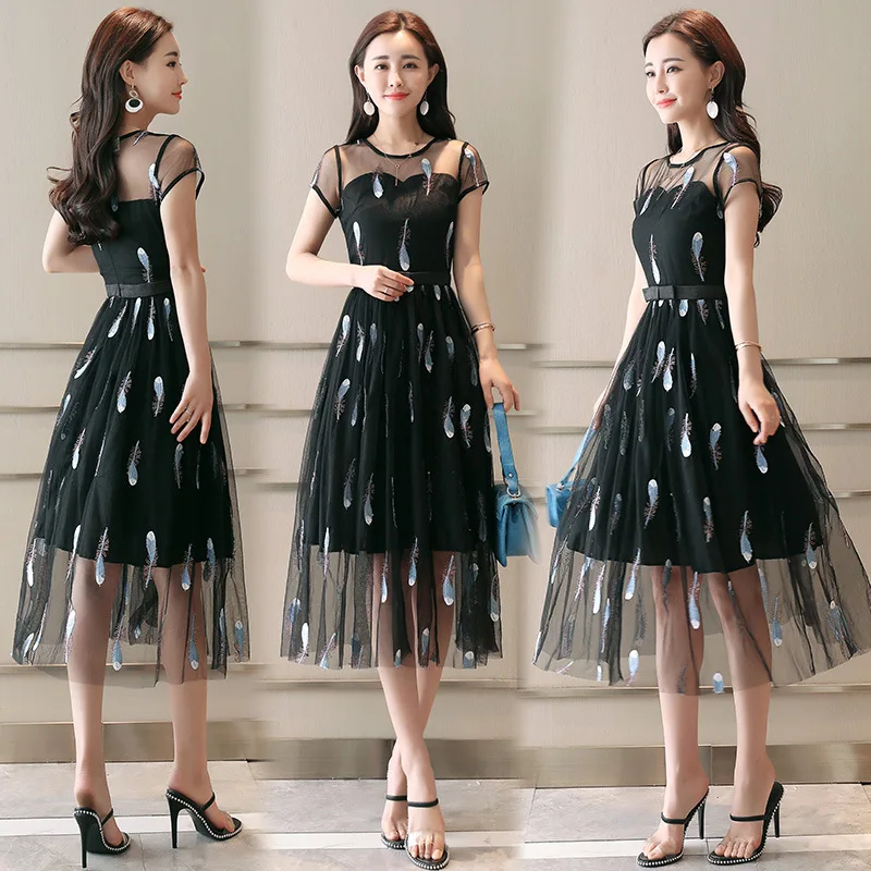

2019 Summer New Style Skirt Crew Neck High-waisted Pullover One-Piece Short Sleeve Mid-length Gauze Ladies' Dress