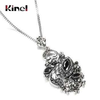 Kinel Charm Black Stone Crystal Flower Necklace For Women Tibetan Silver Resin Long Pendant Necklace Vintage Jewelry Wholesale