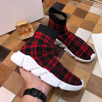 

Gingham Pattern Sneakers Women Slip on Elastic High Top Casual Shoes for Women Platform Thick Bottom Brand Luxury Street Style