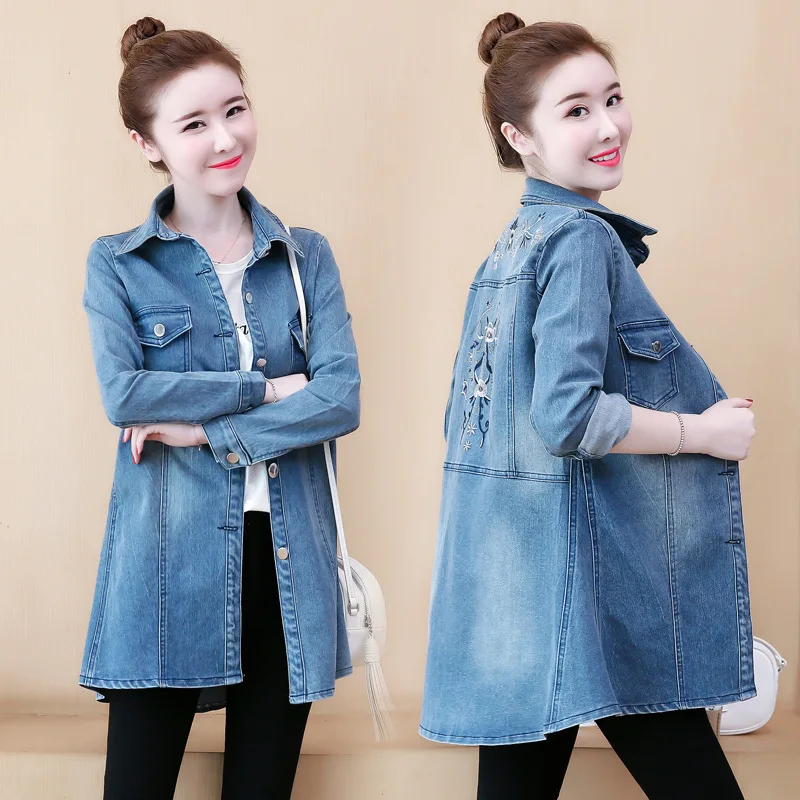 92 Photo Shoot Slim Fit Jeans Coat Women's Mid-length Autumn Clothing New Style Cardigan Korean-style Embroidery Long-sleev