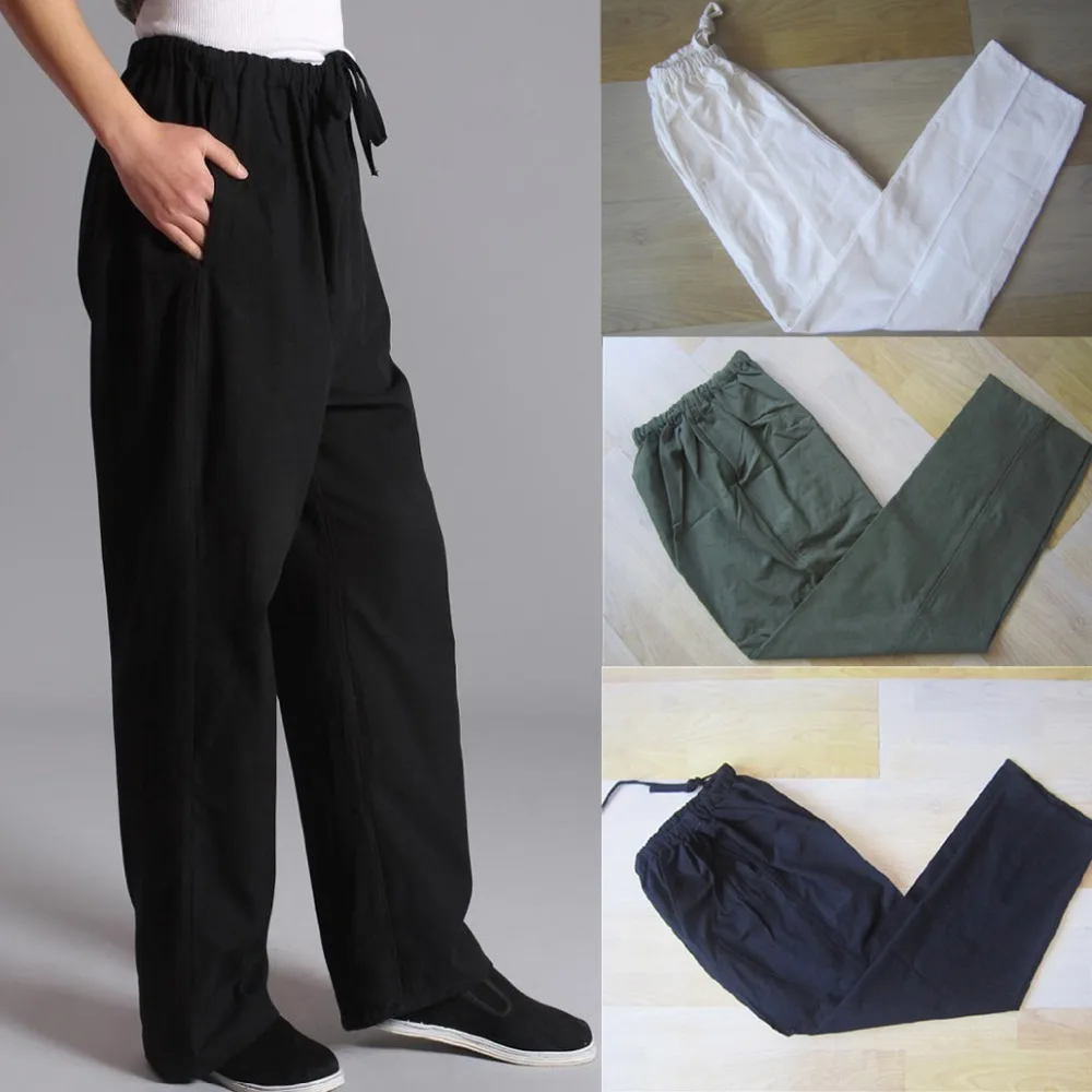 100-Cotton-Chinese-Traditional-Men-s-Kung-Fu-Pants-Wu-Shu-Tai-Chi-Elastic-Waist-Loose