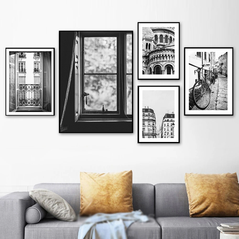 

Paris Church Buildings Vintage Bike Black White Wall Art Painting on Canvas Nordic Posters and Prints Wall Photo for Living Room