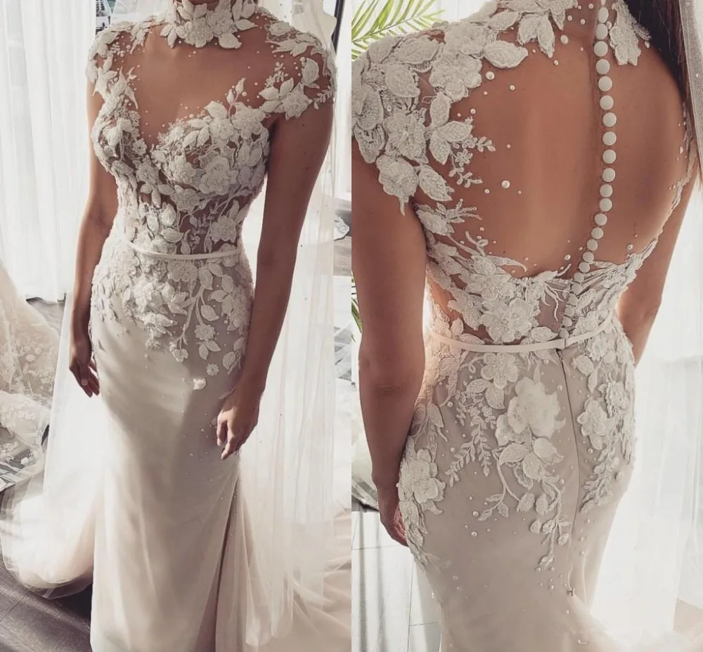 Vestido de noiva Русалка Свадебные платья с высоким воротом Кружева свадебное платье с аппликацией развертки поезд на заказ свадебное платье de mariee
