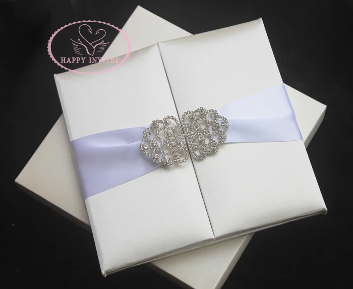 HI2003-120  Customzied Beige Off White Silk Folder Wedding Invitation with Chocolate Foil Printing More Colors Available