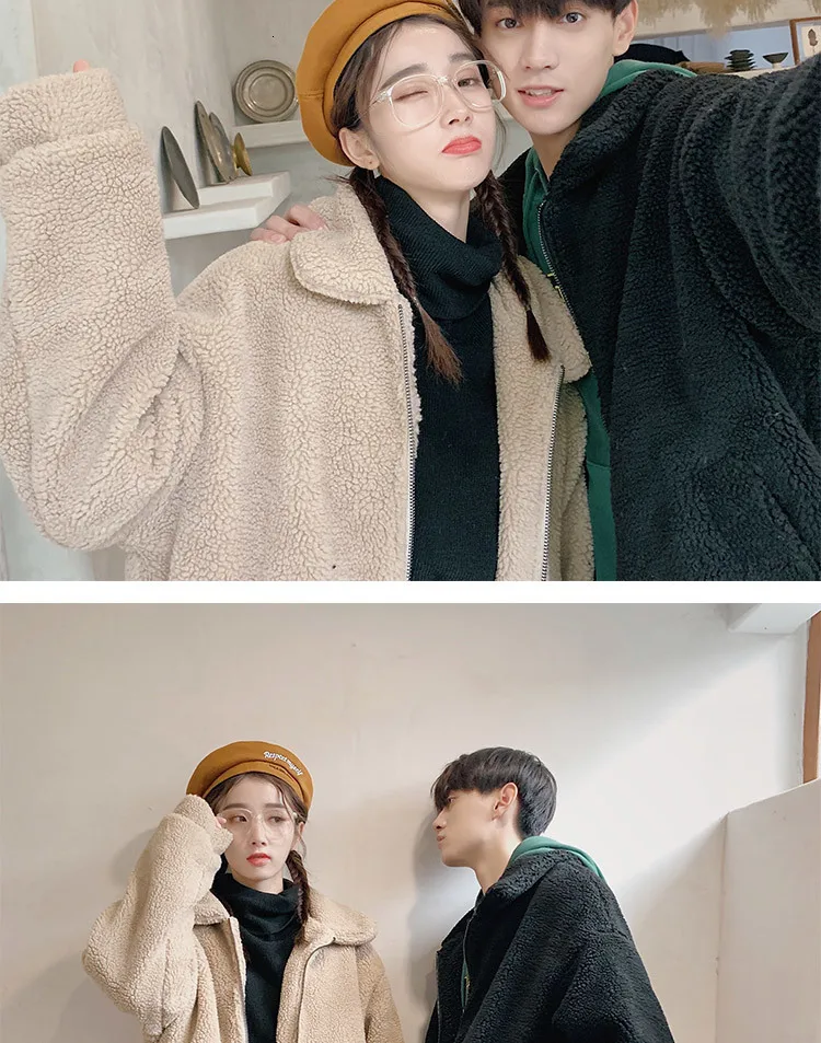 Winter New Korean Version Of The Couple Fashion Thick Lapels Lamb Hair Loose Casual Woolen Coat