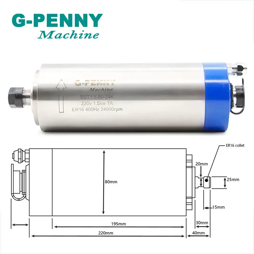 220V 1.5KW ER16 ЧПУ Водяное охлаждение шпинделя двигатель 80x220 мм Удлинение Тип& 1.5kw с частотно-регулируемым приводом/инвертор 80 мм шпинделя Зажимная скоба