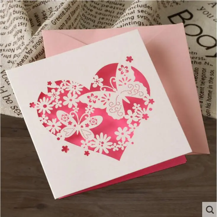 1, симпатичный комплект с глубоким вырезом в форме сердца на поздравительные бумажные карточки Свадебные приглашение на вечеринку дня рождения открытки подарки на день Святого Валентина, большое ожерельес Почтовые открытки открытка с благословением - Цвет: Pink Butterfly