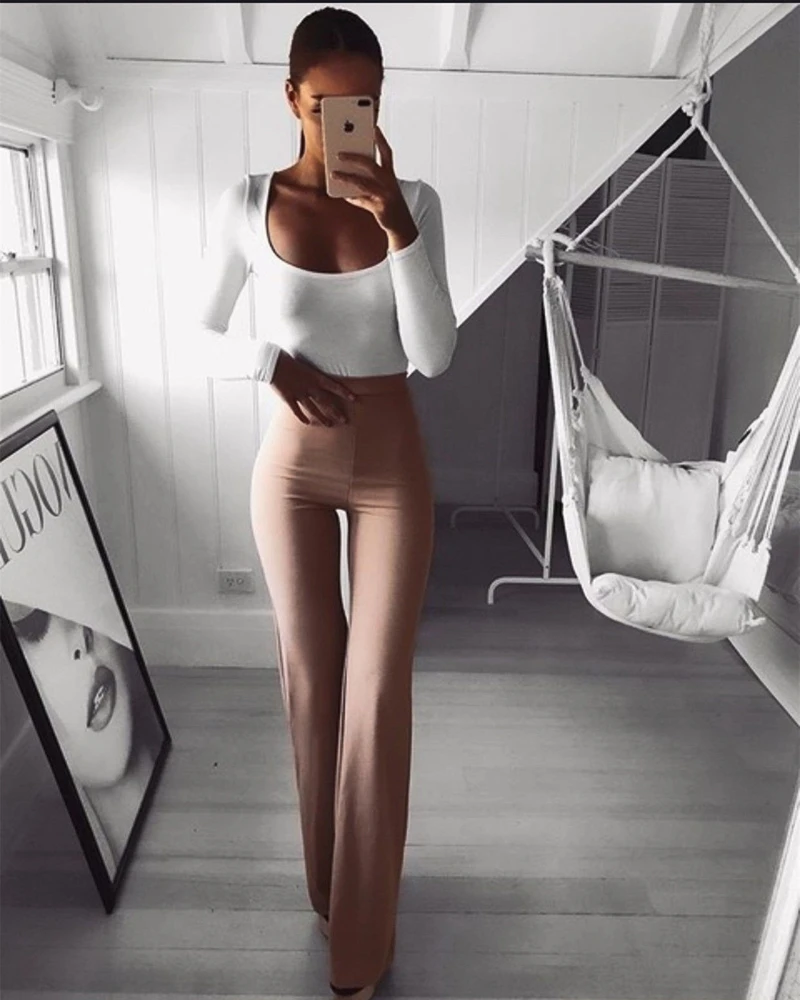 

Fashion Trend Solid Elegant Female Lady Women's Palazzo Flared Wide Killer Legs Pants High Waist OL Ladies Career Long Trousers